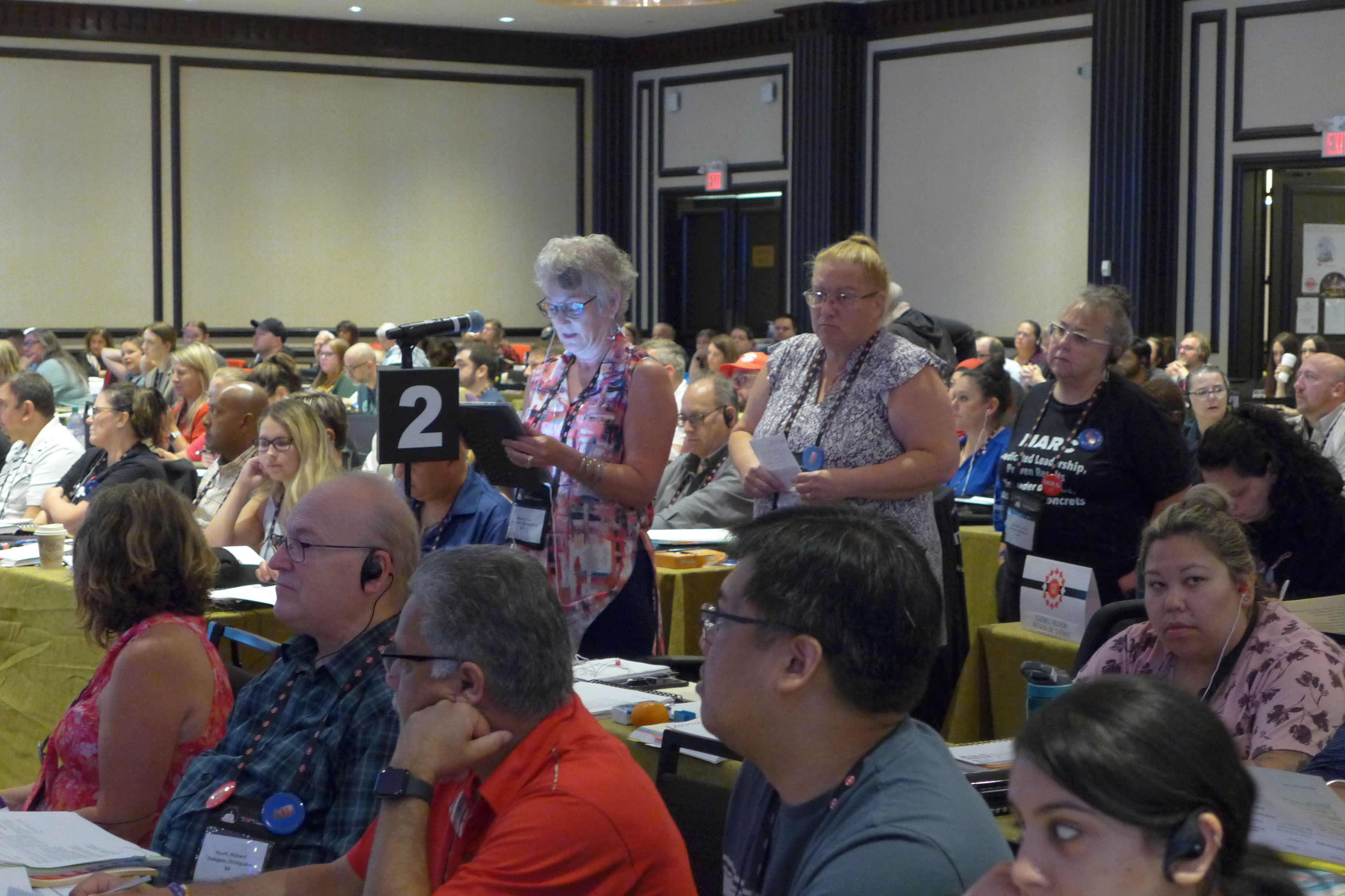 Delegates lined up at a microphone