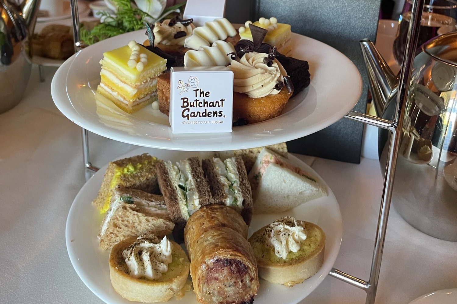 three tier plate of bite sized treats