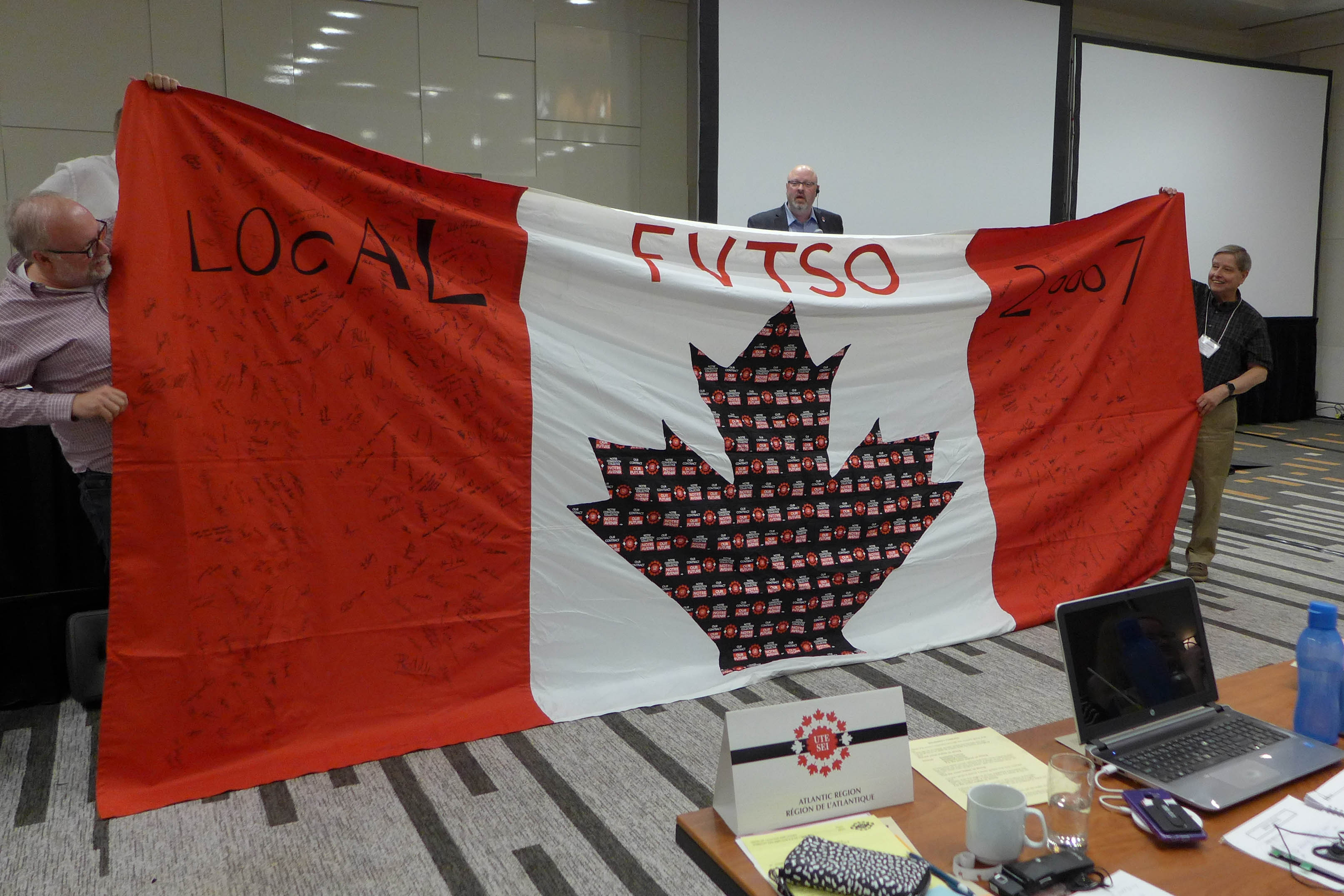 The Fraser Valley TSO sent this signed flag to show their support for the bargaining team