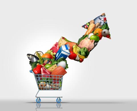 grocery cart with arrow going up made up of food items