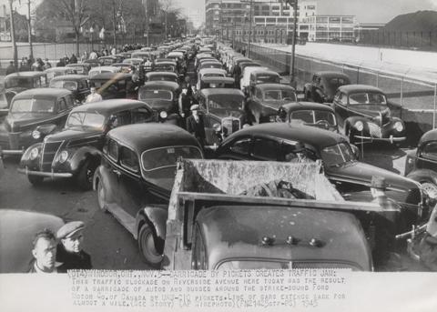 old cars, traffic jam, 1945 Ford auto workers strike Windsor Ontario