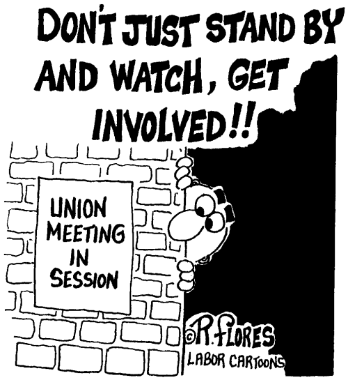 word Don't just stand and watch, get involved, sign Union meeting in progress, person peering around a corner